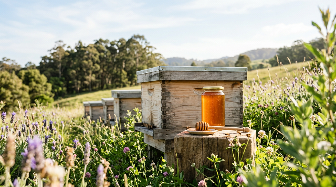 Apiary in a natural setting with wooden beehives